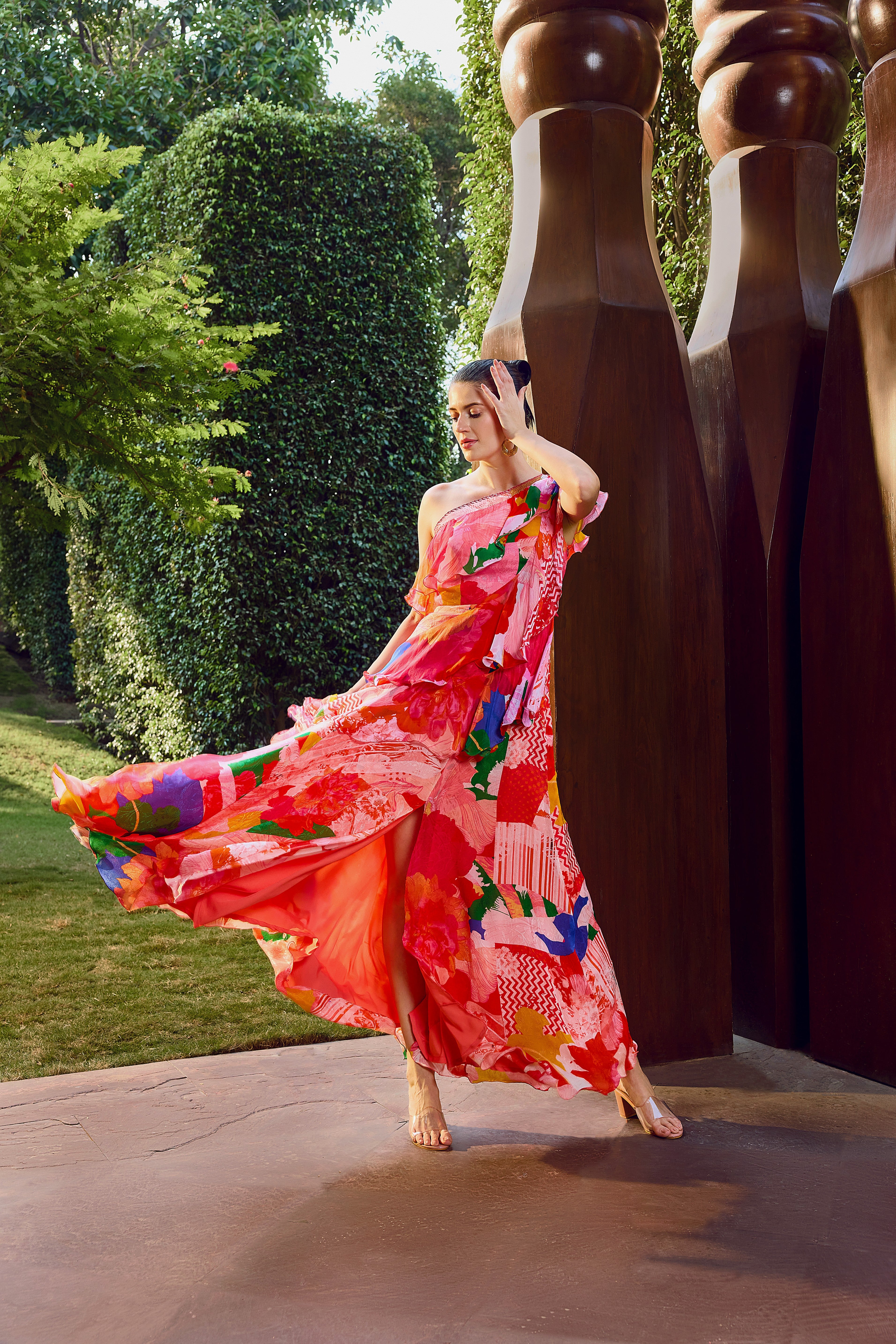 Red floral ruffle maxi dress