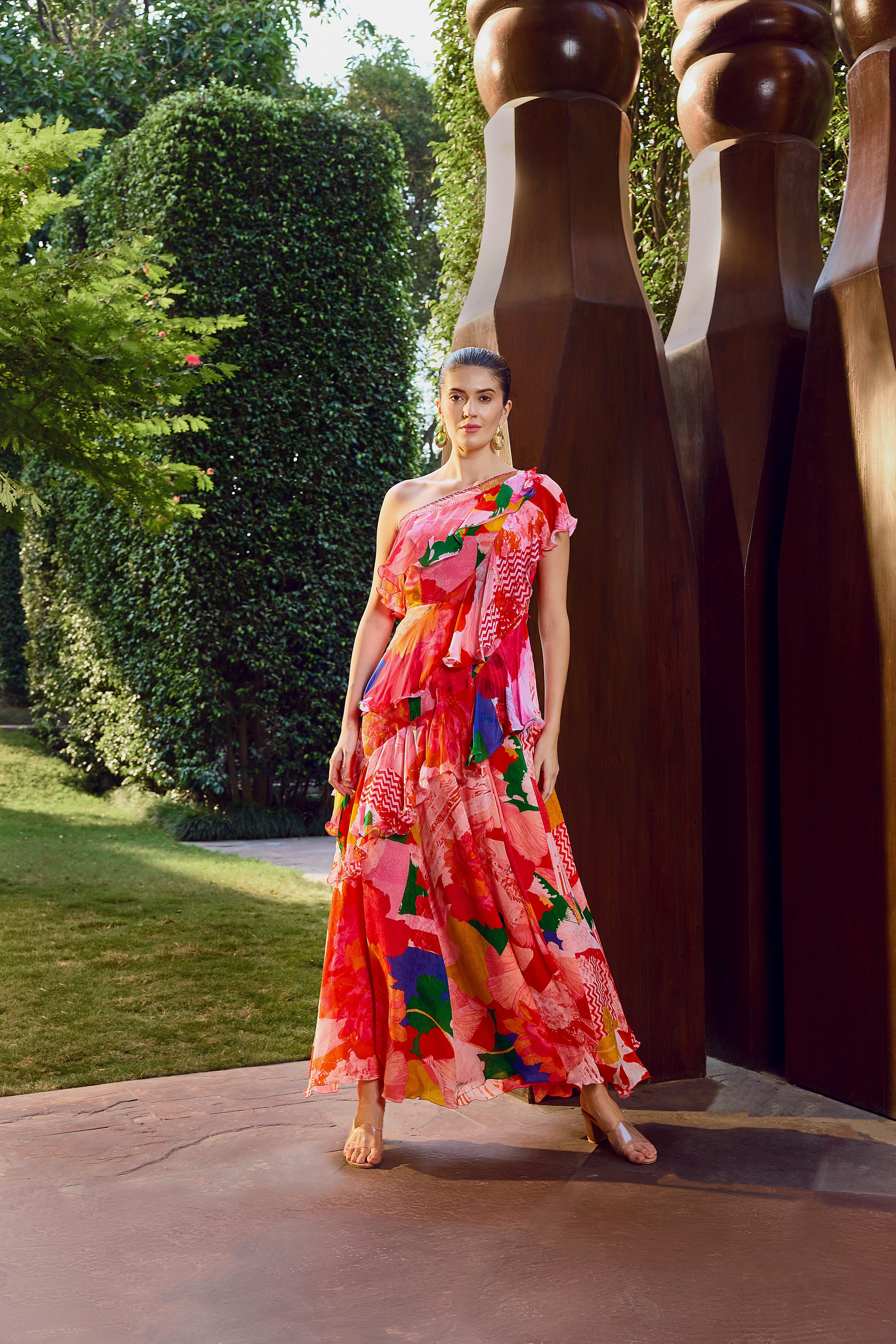 Red floral ruffle maxi dress