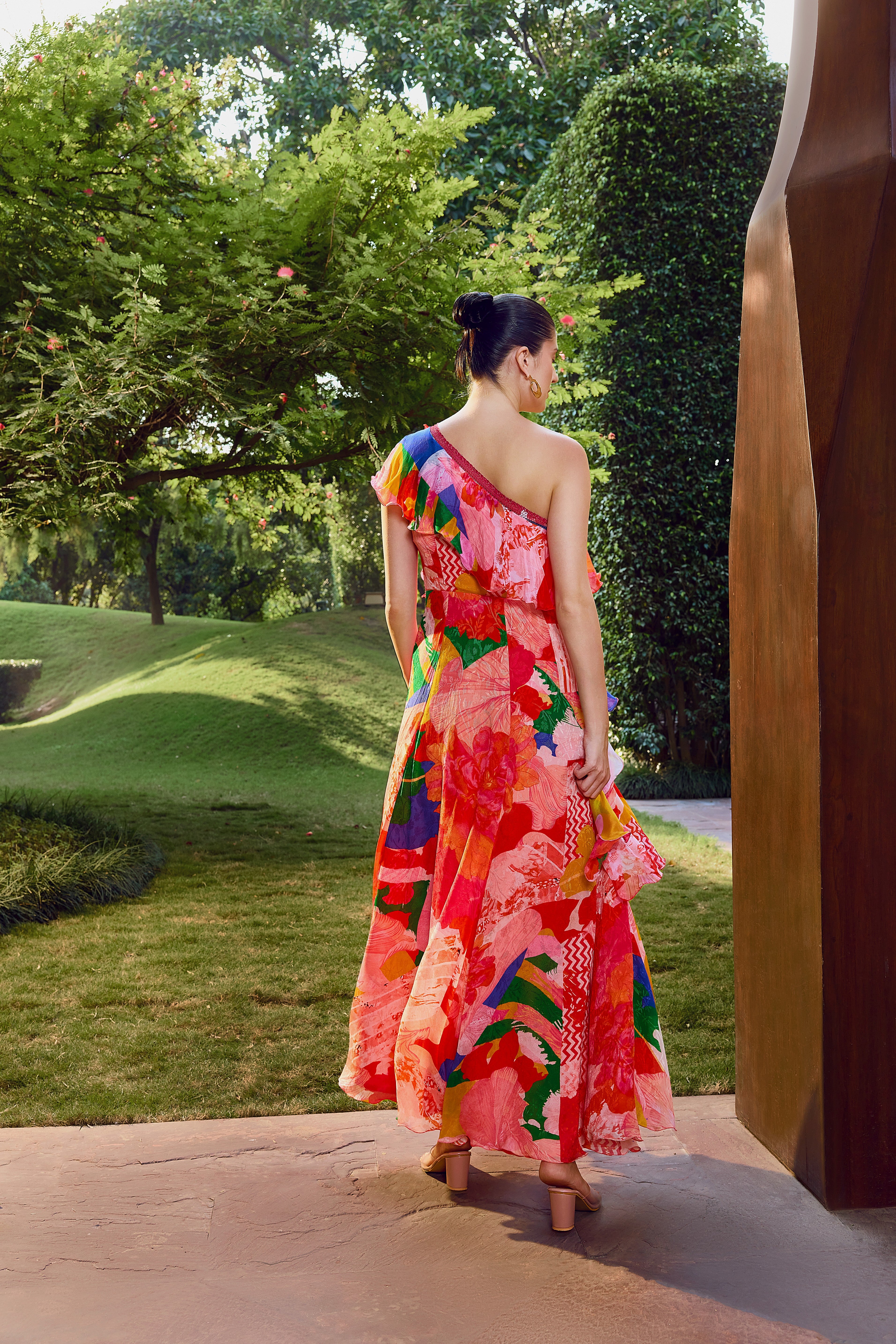 Red floral ruffle maxi dress