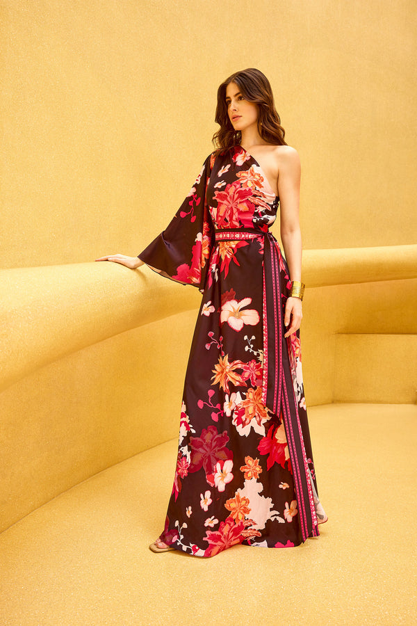 Black camou floral one-shoulder dress