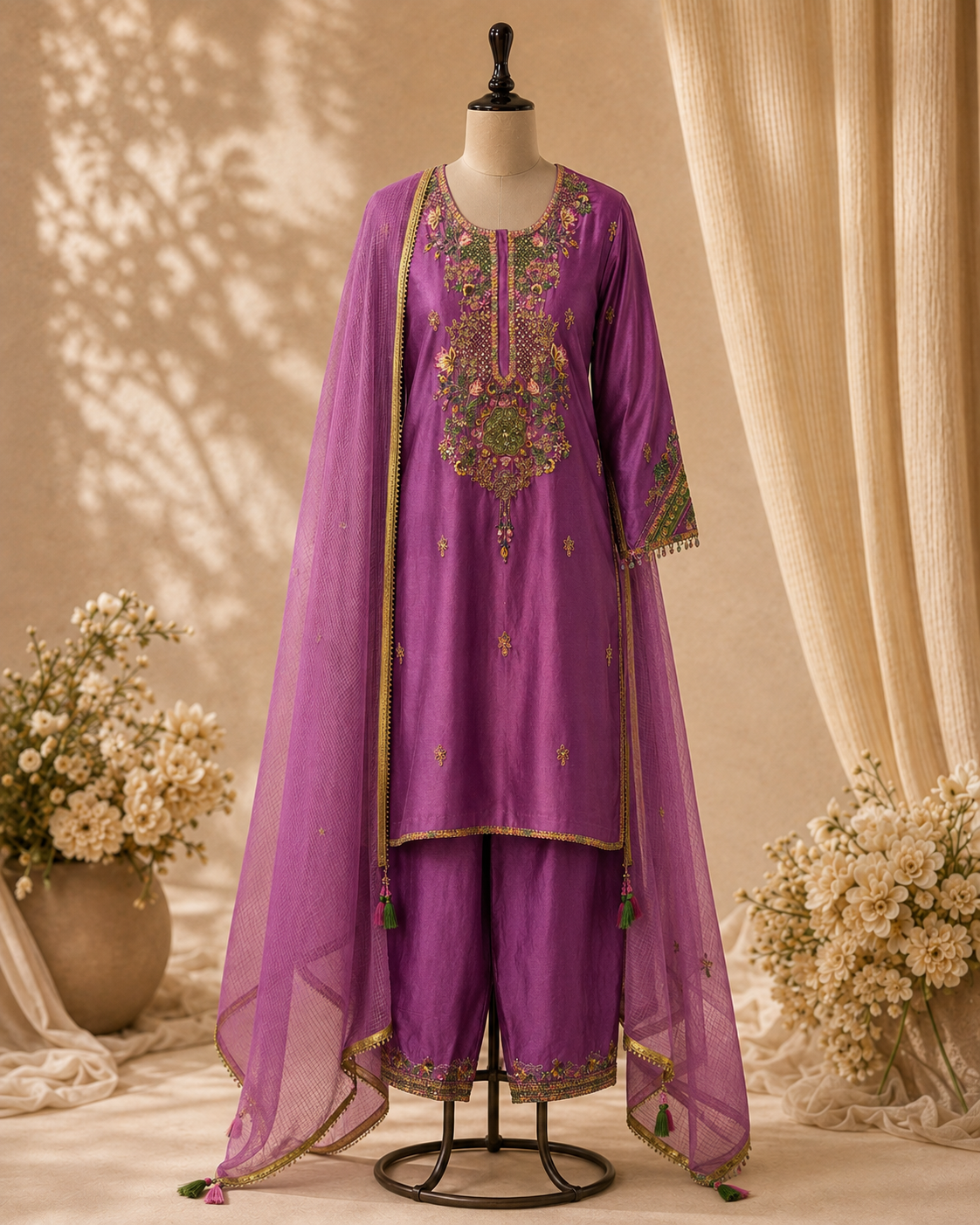 A purple three-piece salwar kameez suit set with a matching sheer dupatta, displayed on a mannequin. The kurta features intricate gold, green, and pink floral embroidery on the chest and sleeves, with gold zari borders.