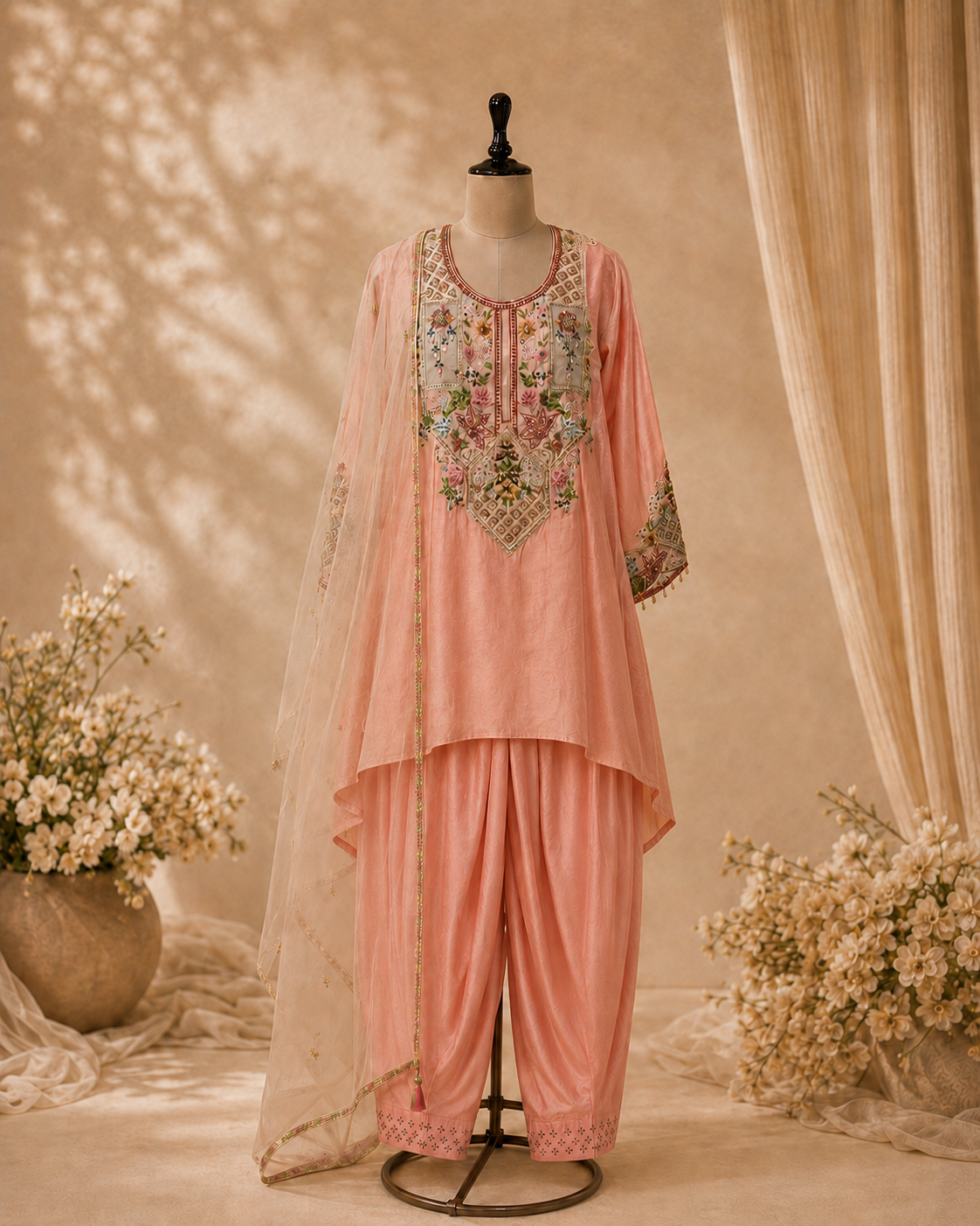 A peach-pink three-piece salwar kameez suit set displayed on a mannequin, featuring a kurta with intricate floral embroidery on the chest, matching draped pants, and a sheer dupatta, set against a warm beige backdrop with decorative floral arrangements.