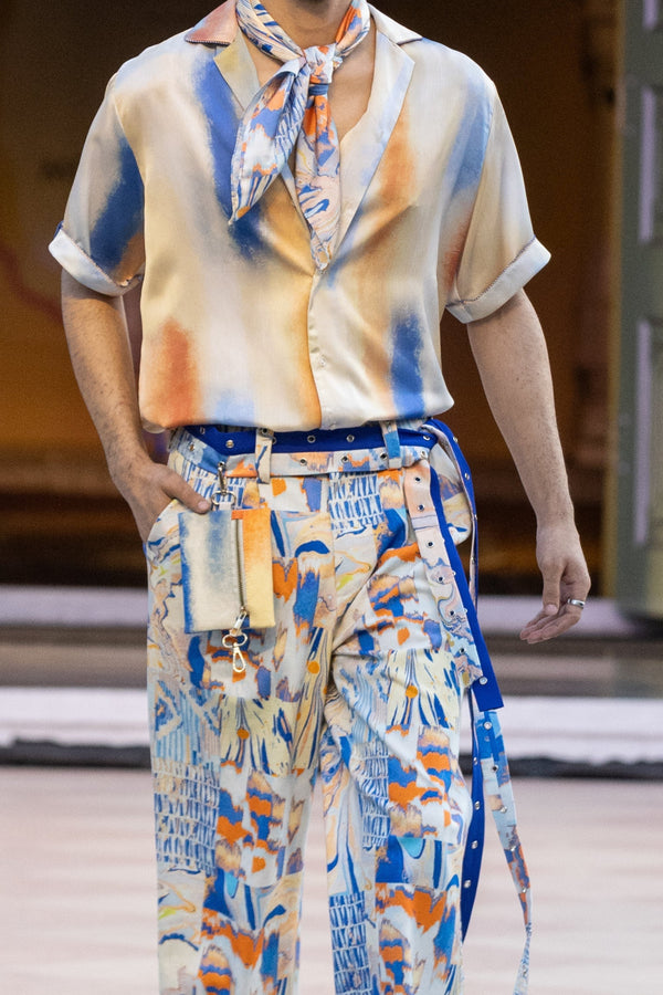 Printed denim twill trouser with belt