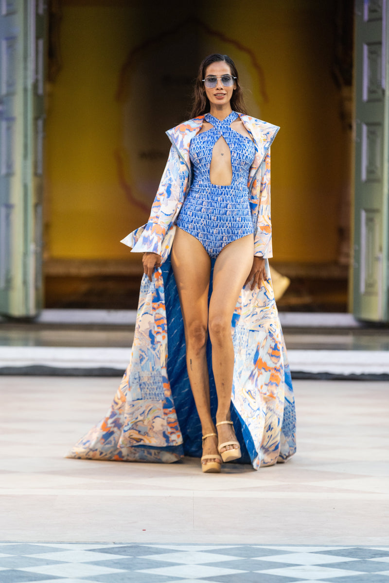 Blue ocean bodysuit with cape