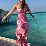 Rakul Preet Singh wearing Mandira Wirk Sakura Printed High Low Dress in pink satin floral print, Maldives beach backdrop