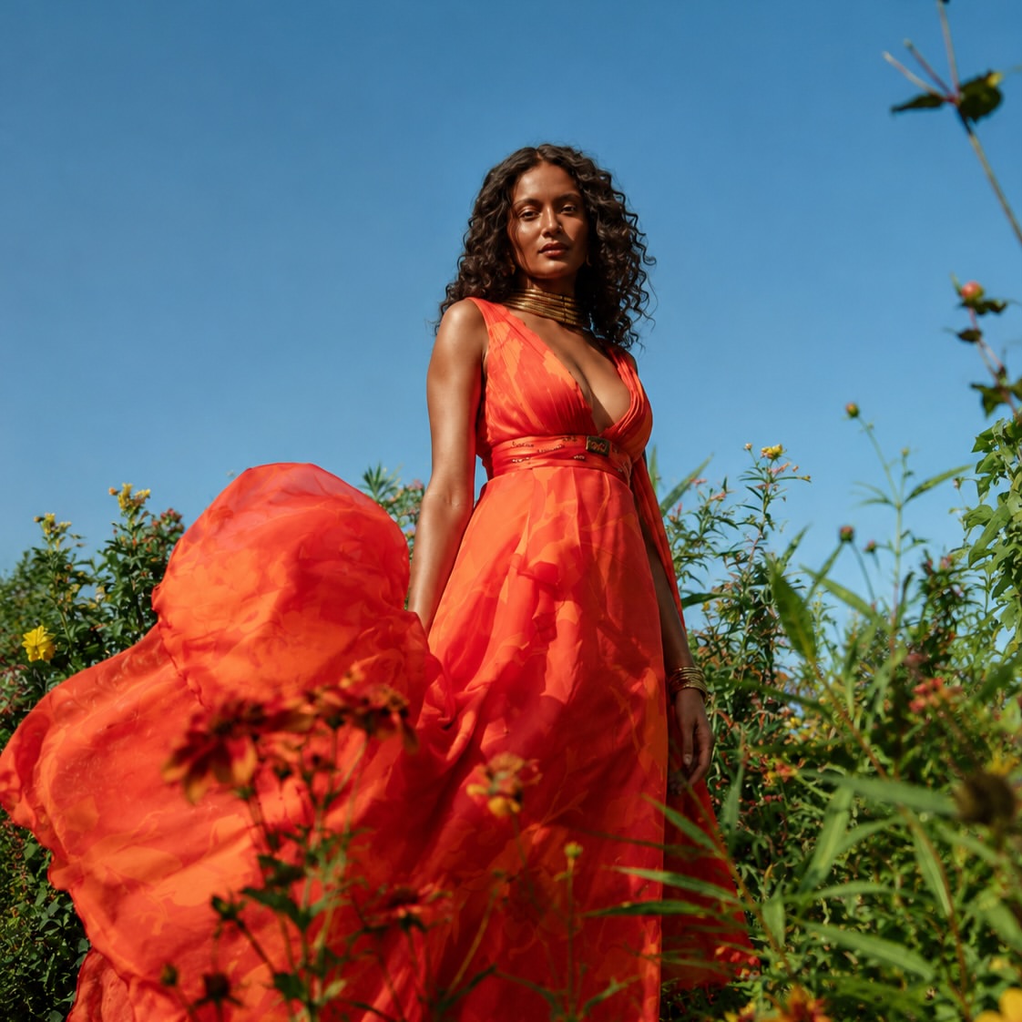 A statement maxi dress featuring a hand-draped construction that creates expansive movement with high slit. resort wear by mandira wirk