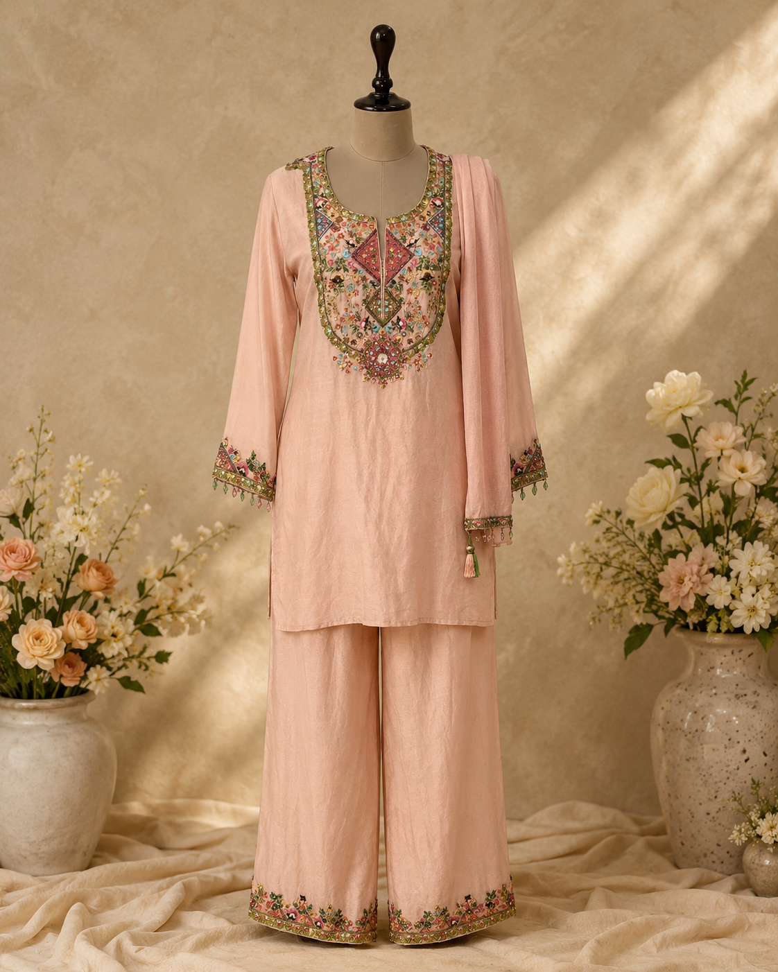 A peach-pink three-piece traditional outfit displayed on a mannequin, featuring a long-sleeve embroidered kurta, matching wide-leg pants, and a sheer matching dupatta. The kurta has intricate multicolor embroidery around the neckline and sleeve cuffs, and the pants have matching embroidery at the hem.