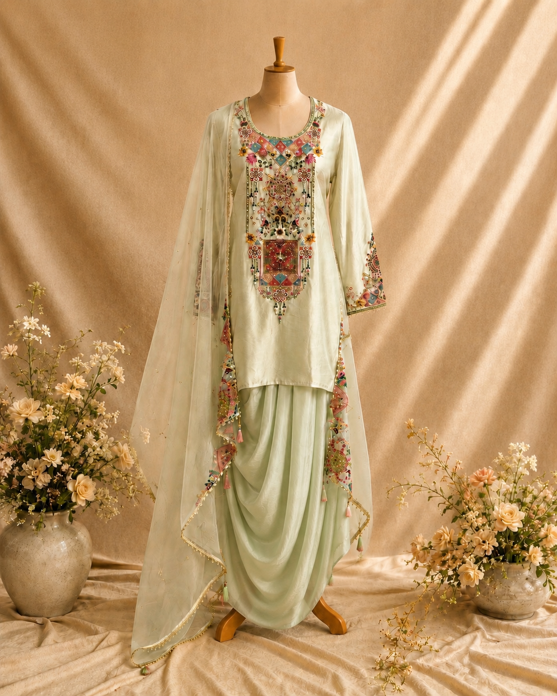 A light sage green traditional salwar kameez set displayed on a mannequin, featuring intricate multicolor floral embroidery on the chest and sleeves, a matching sheer dupatta, and draped palazzo pants. The set is styled with dried flowers in ceramic pots against a draped beige fabric backdrop.