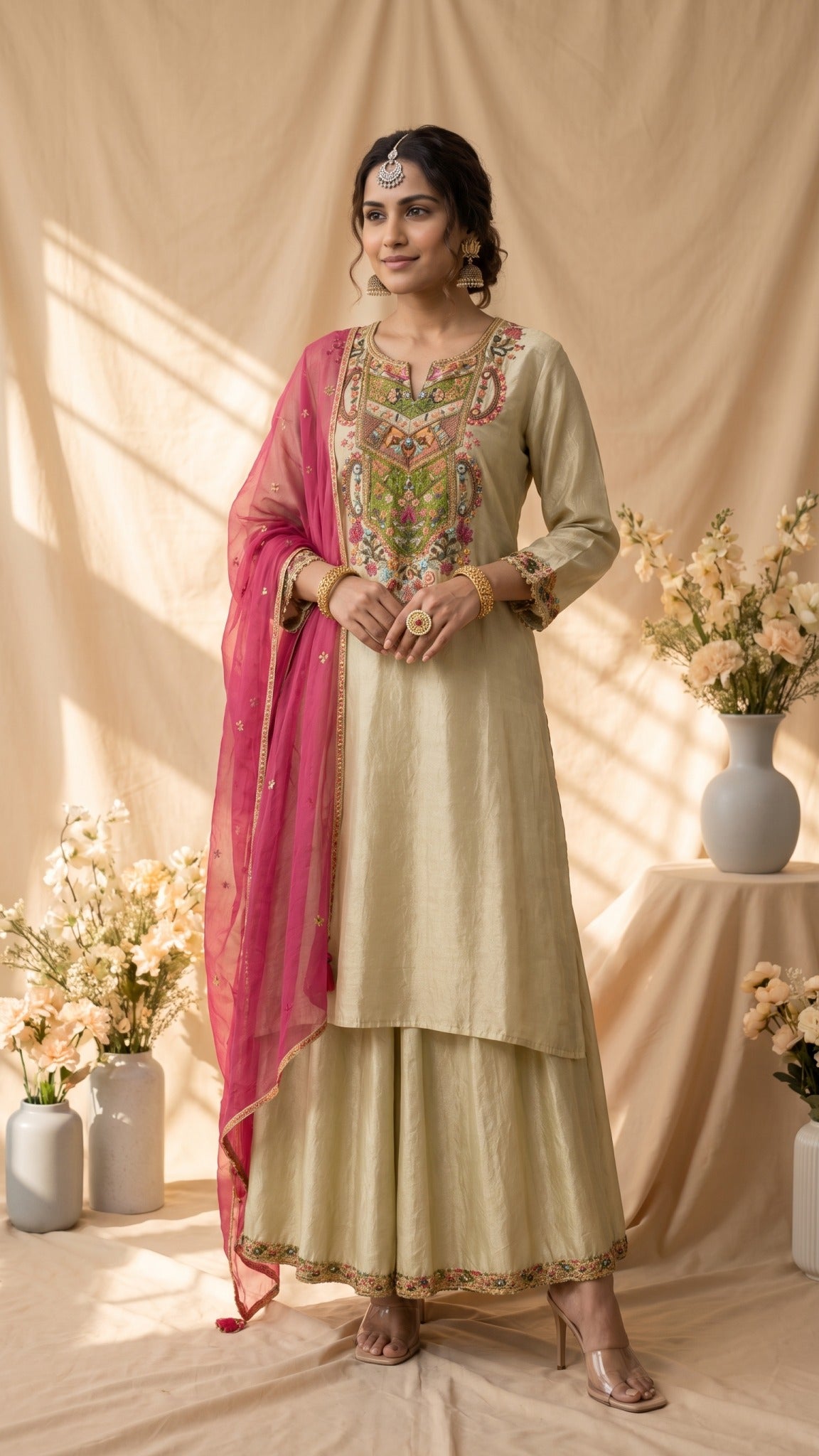 A traditional Indian salwar kameez suit displayed on a mannequin. The outfit features a light sage green kurta with intricate multicolor floral embroidery around the neckline, matching green salwar pants, and a bright magenta dupatta draped over the shoulder.