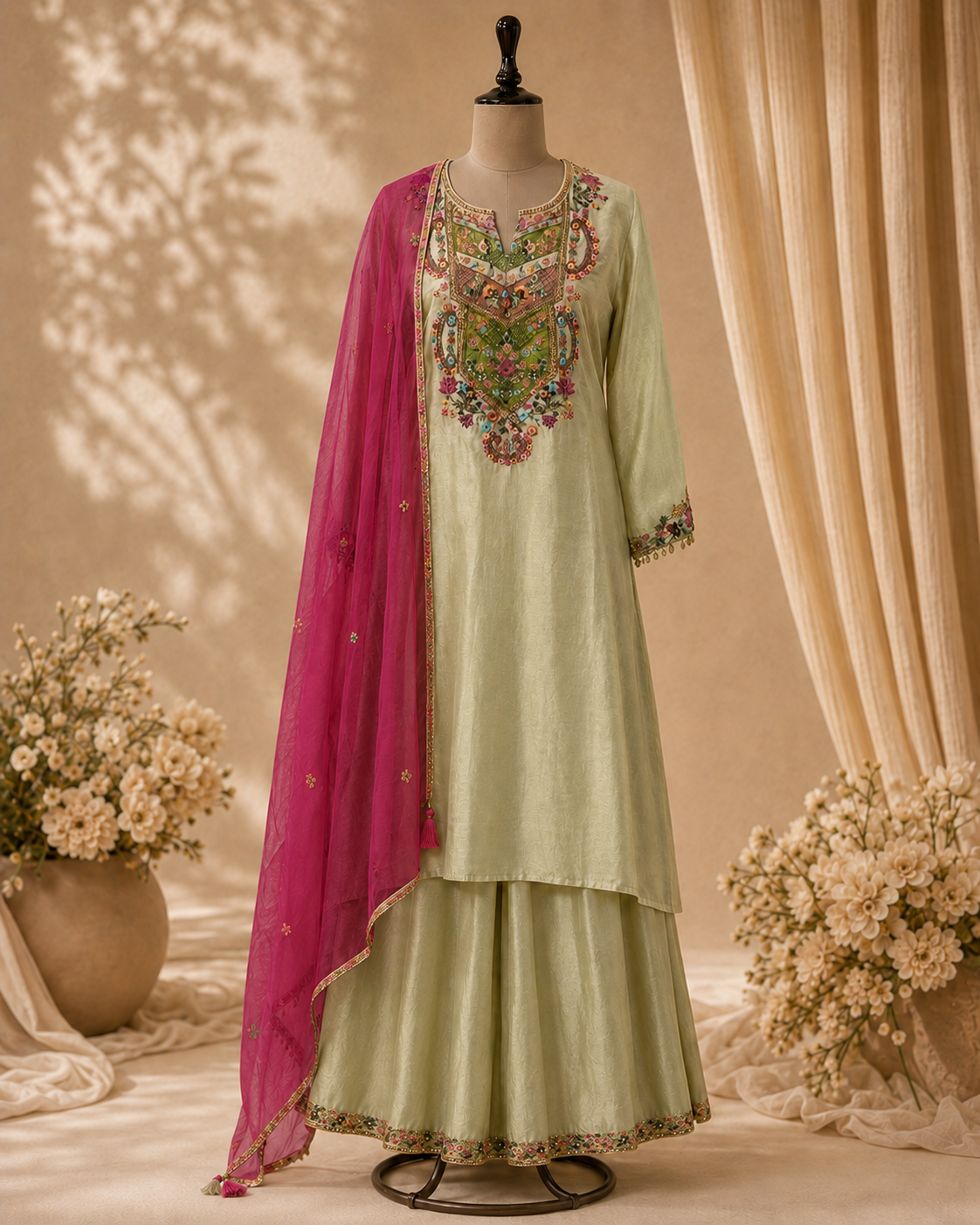 A traditional Indian salwar kameez suit displayed on a mannequin. The outfit features a light sage green kurta with intricate multicolor floral embroidery around the neckline, matching green salwar pants, and a bright magenta dupatta draped over the shoulder.