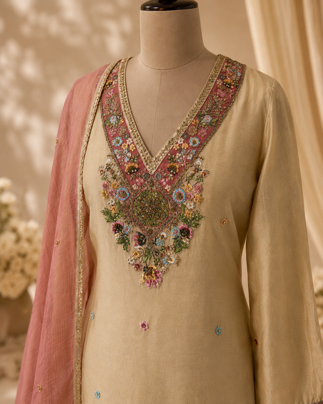 A beige traditional tunic with a heavily embroidered multicolor floral neckline, displayed on a mannequin with a pink dupatta draped over one shoulder.