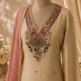 A beige traditional tunic with a heavily embroidered multicolor floral neckline, displayed on a mannequin with a pink dupatta draped over one shoulder.