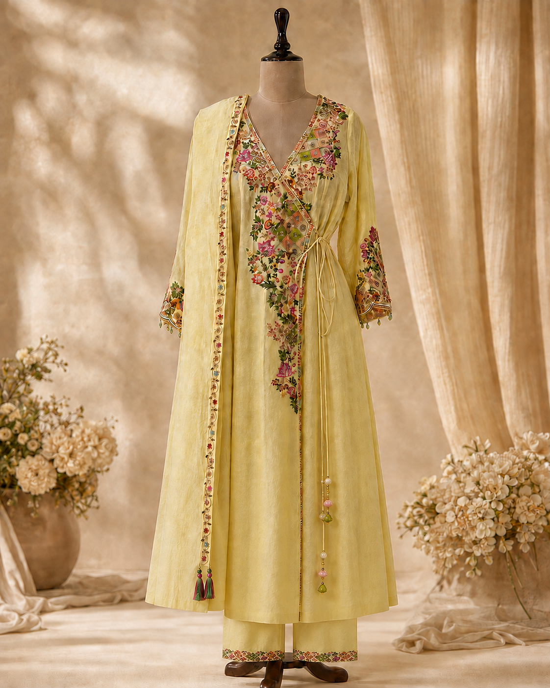 A light yellow traditional kurta set with colorful floral embroidery displayed on a mannequin. The set includes a long kurta with a V-neck, long sleeves, and a self-tie waist, paired with matching trousers.
