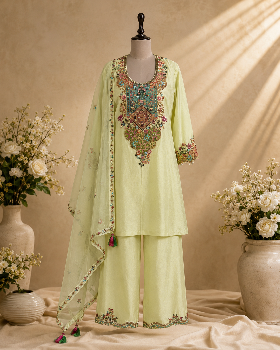 A light yellow-green unstitched salwar kameez suit set displayed on a mannequin, featuring a heavily embroidered kameez top with a multicolor floral neckline, matching wide-leg trousers, and a sheer printed dupatta draped over the arm, set against a warm beige background with decorative floral arrangements.