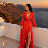 Resort wear read dress women wearing at sea coast 