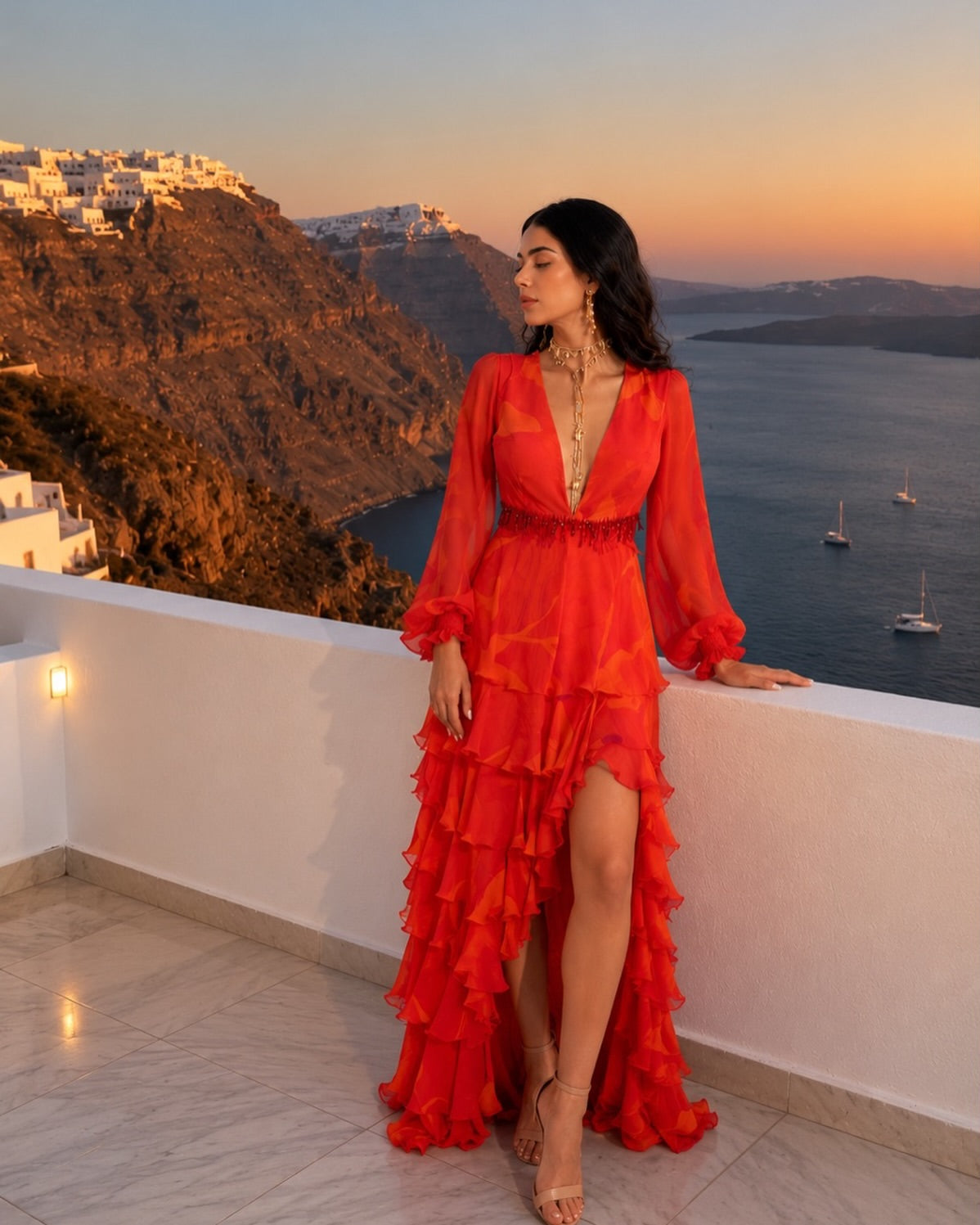 Resort wear read dress women wearing at sea coast 