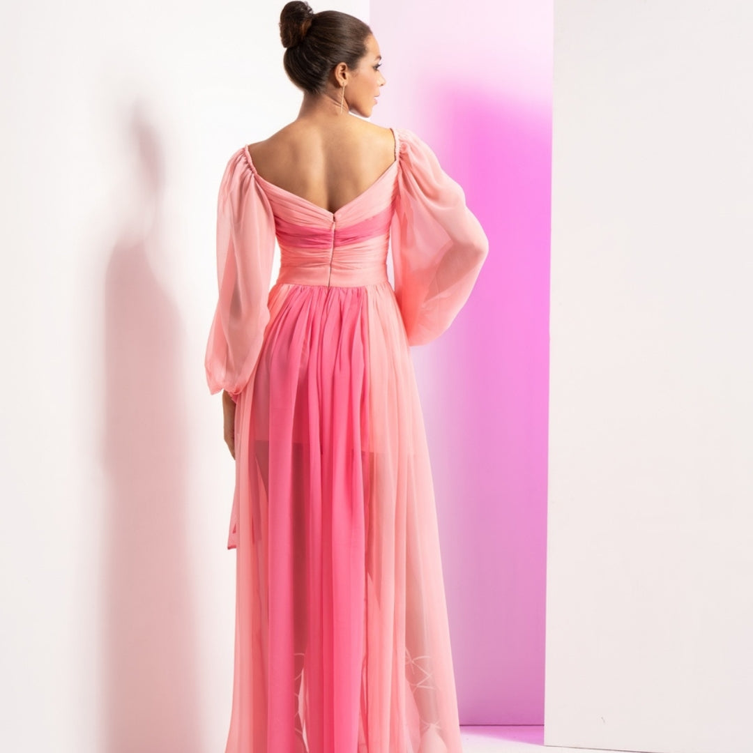 Fondant pink long dress with sleeve tie-up and front slit in skirt #RTS