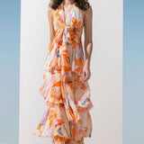Chiffon orange printed halter tiered dress