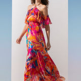 Chiffon Pink Multi Printed Asymmetric Dress