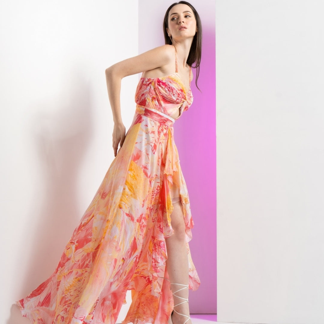 Peach raw crystal asymmetric dress with embroidered strap