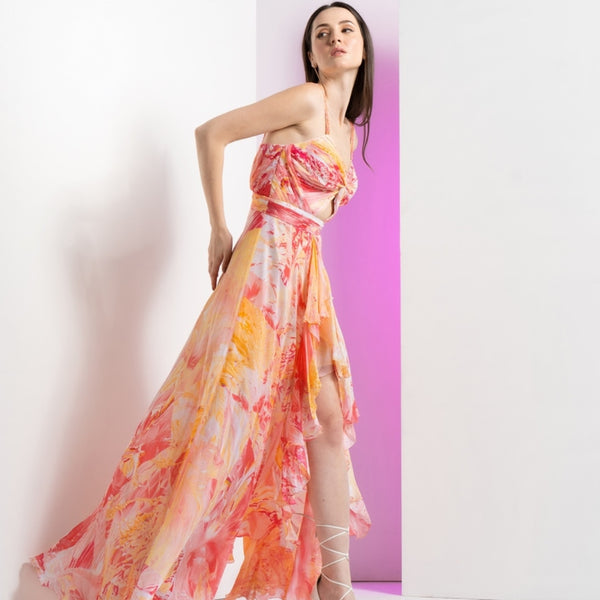 Peach raw crystal asymmetric maxi dress