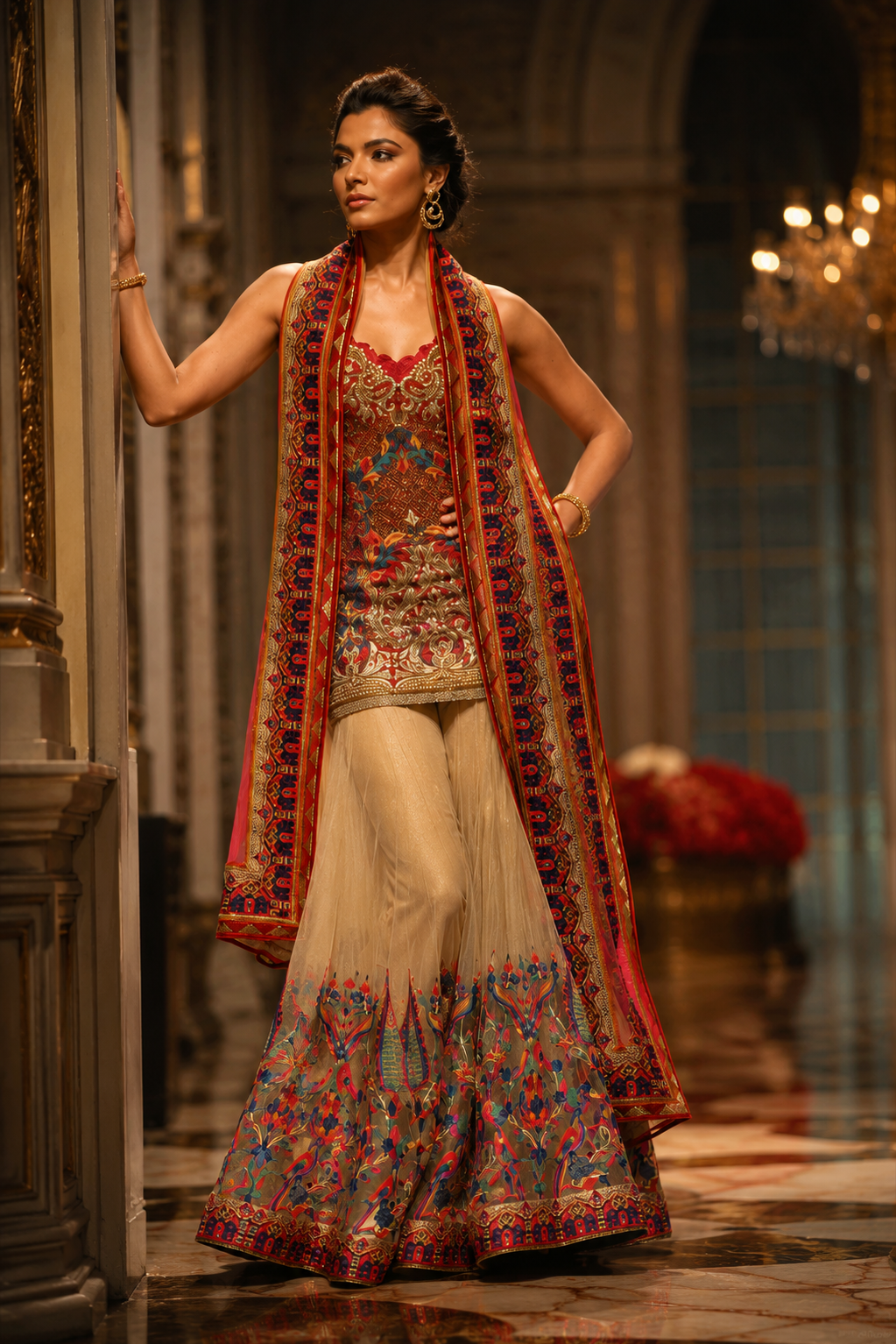 A woman models a traditional South Asian outfit consisting of a beige flared skirt with colorful floral embroidery, a matching embroidered top, and a long red and gold embroidered scarf, set against an elegant indoor background with a chandelier.
