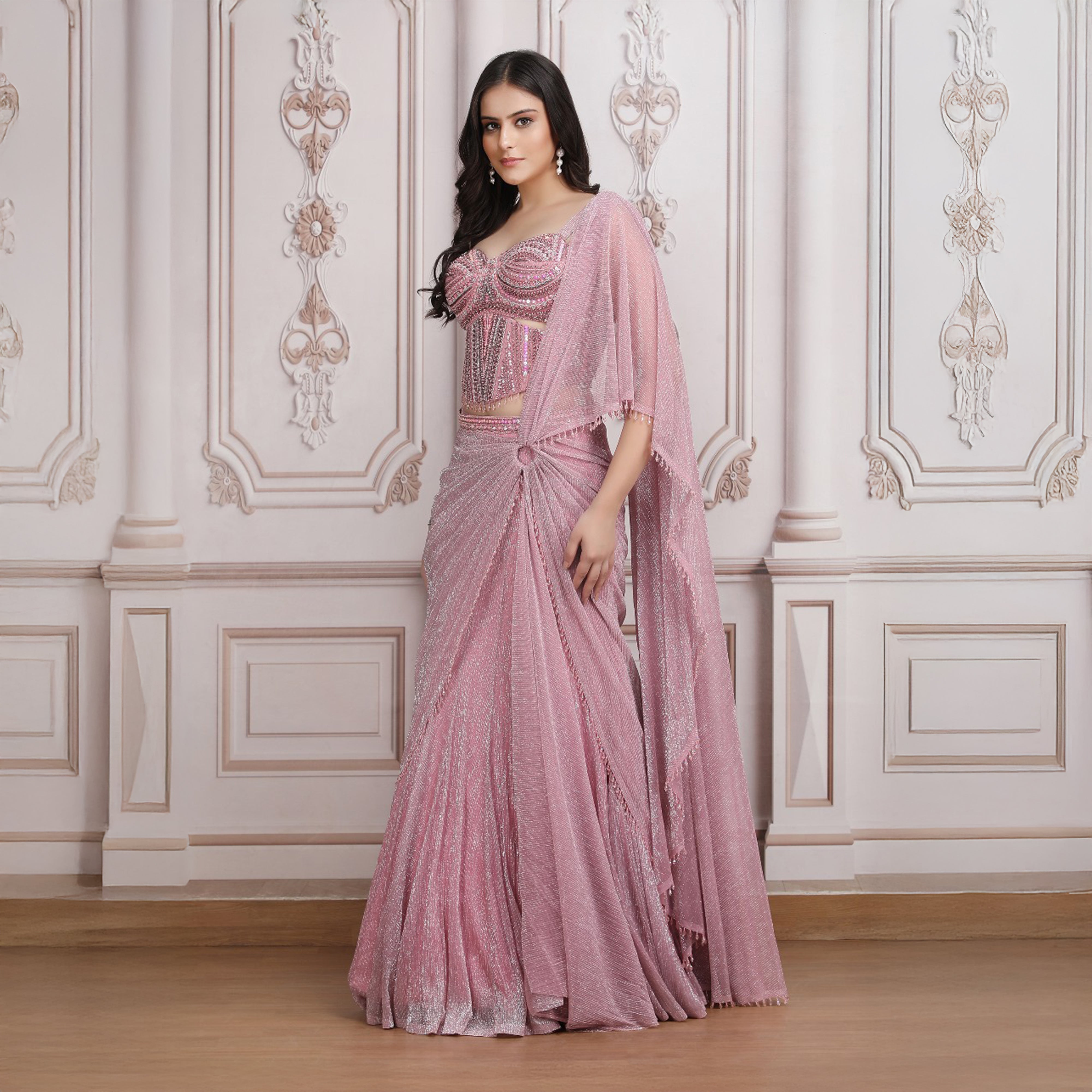 Solid Pink Maxi Dress with Cape –1