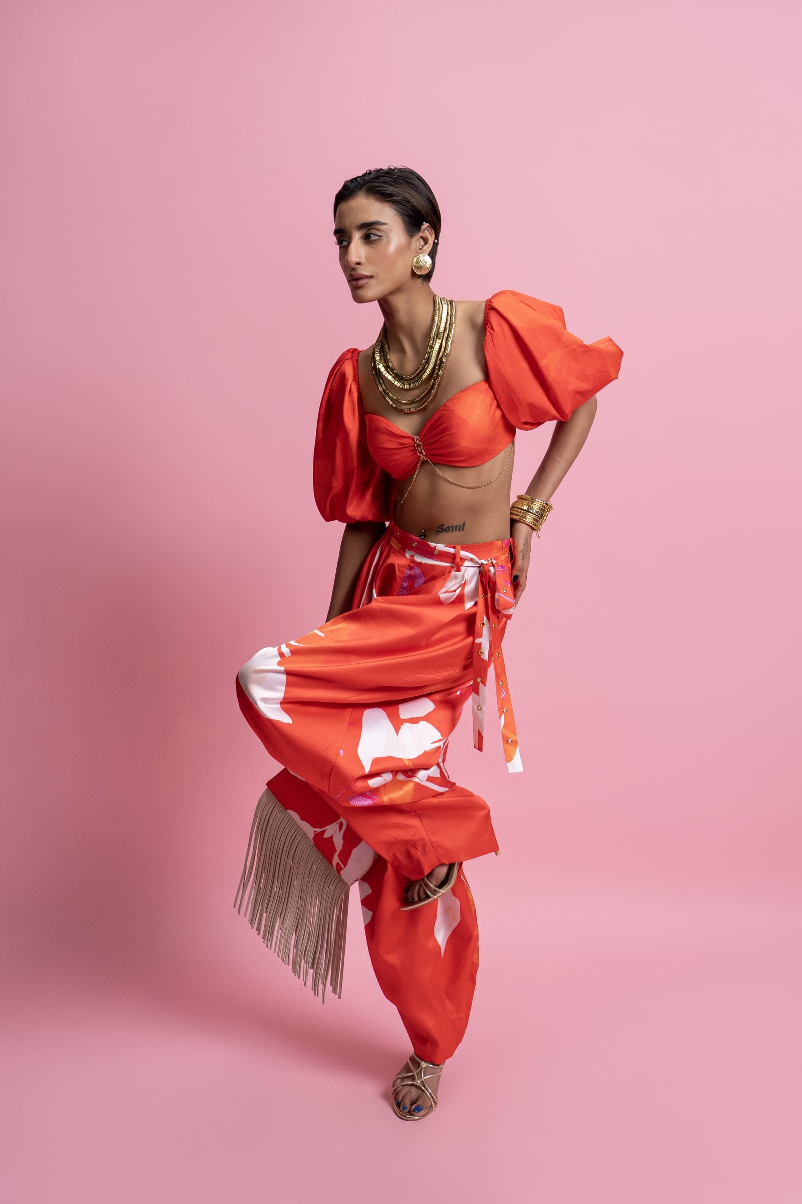 Mandira Wirk Coral Bloom red printed co-ord set with puff sleeve crop blouse and balloon trousers.