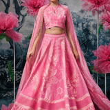 Pink Lehenga with Printed Halter Neck Blouse and Dupatta