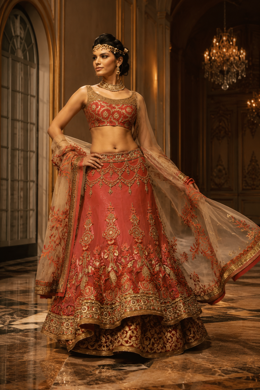 A woman modeling a traditional Indian lehenga choli set in a grand, ornate hall. The outfit is a coral pink with extensive gold embroidery, featuring a matching sheer dupatta draped over her arm.