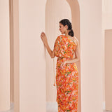 Orange Printed Mesh Printed Ruched Dress