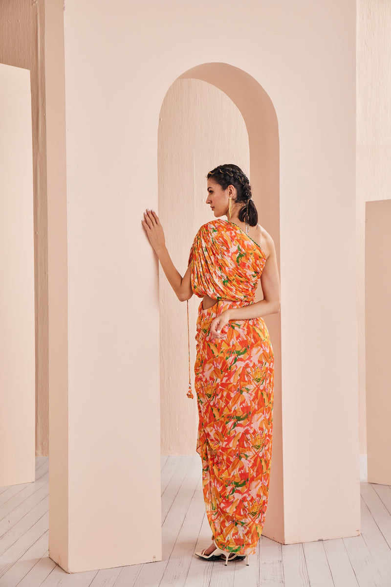 Orange printed mesh printed rushed dress