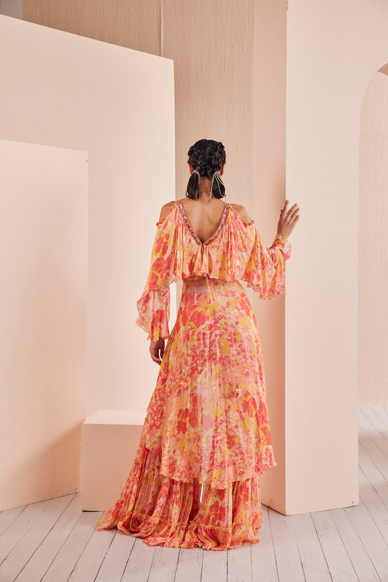 Red pancy daisy chiffon butterfly kurta Set