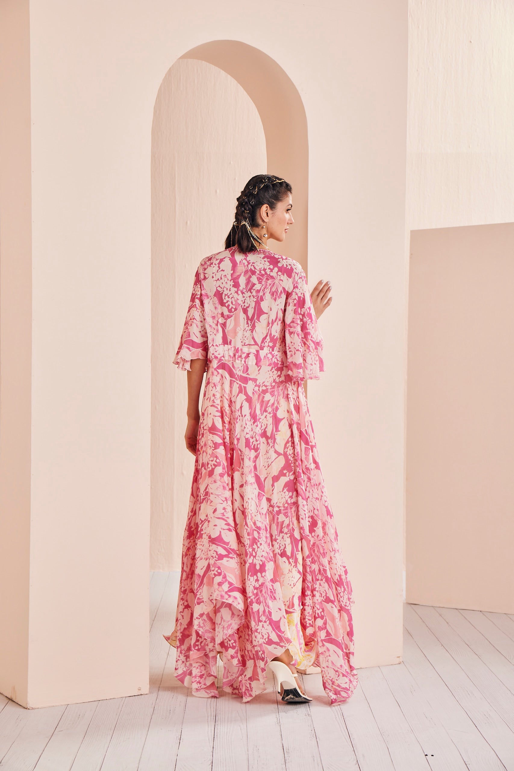 Pink sweet pea printed blouse paired with sharara and cape