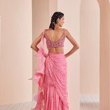 Peach Pink Chiffon Printed Draped Saree Set