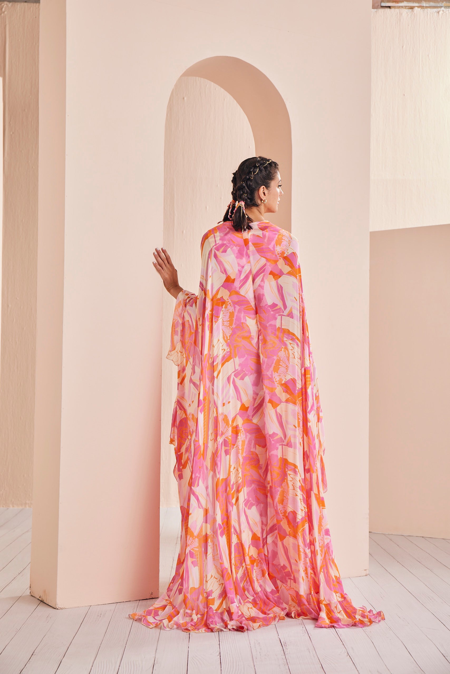 Printed chiffon asymmetrical pleated kaftan with front belt embroidery detailed