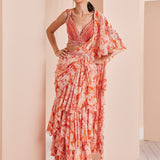 Printed Georgette Lurex Draped Saree Set