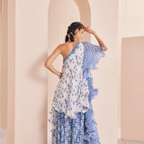 Blue Printed One Shoulder Sharara Set