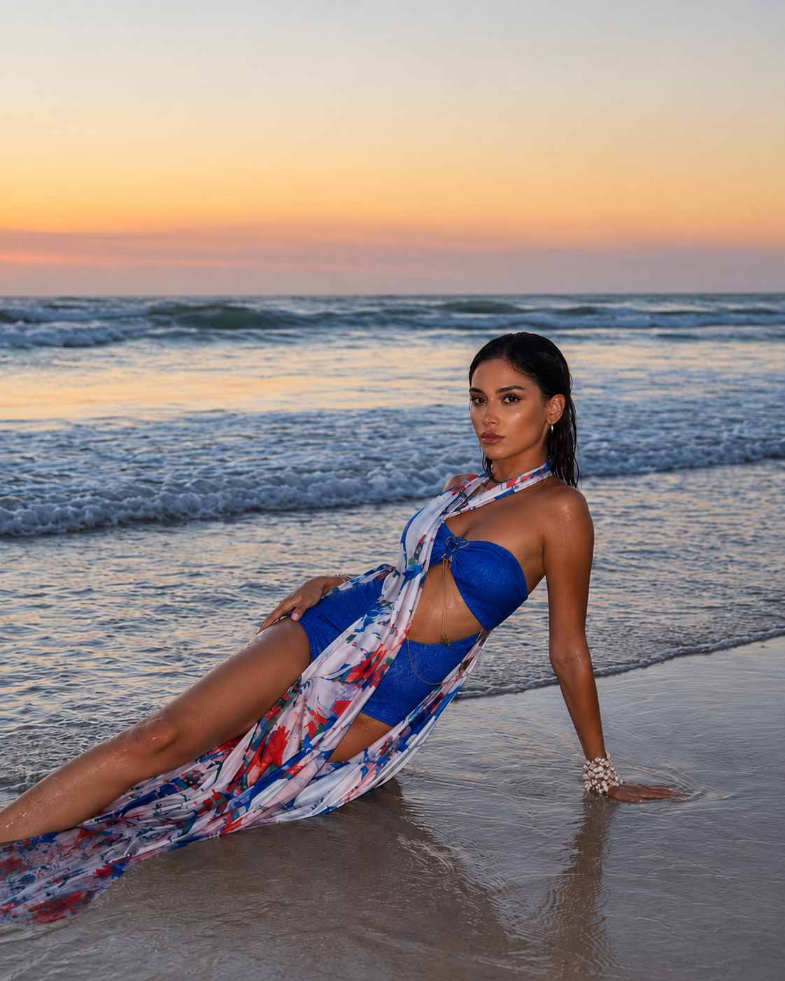 Model wearing a cobalt blue resort wear set with a flowing multicolour printed overlay by Mandira Wirk, photographed on the beach at sunset.