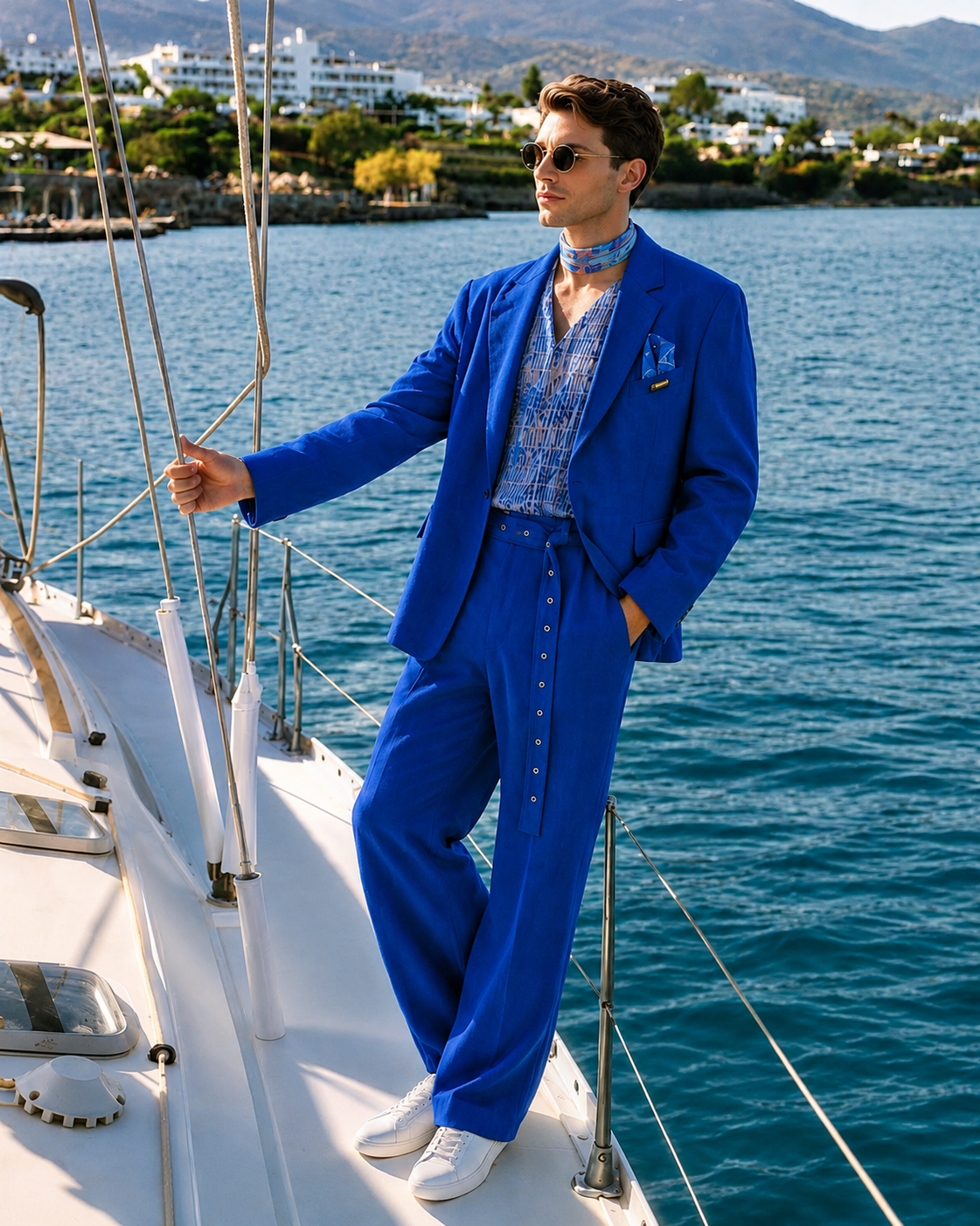 Male model wearing a cobalt blue resort wear suit with a printed shirt and neck scarf by Mandira Wirk, photographed aboard a luxury yacht.