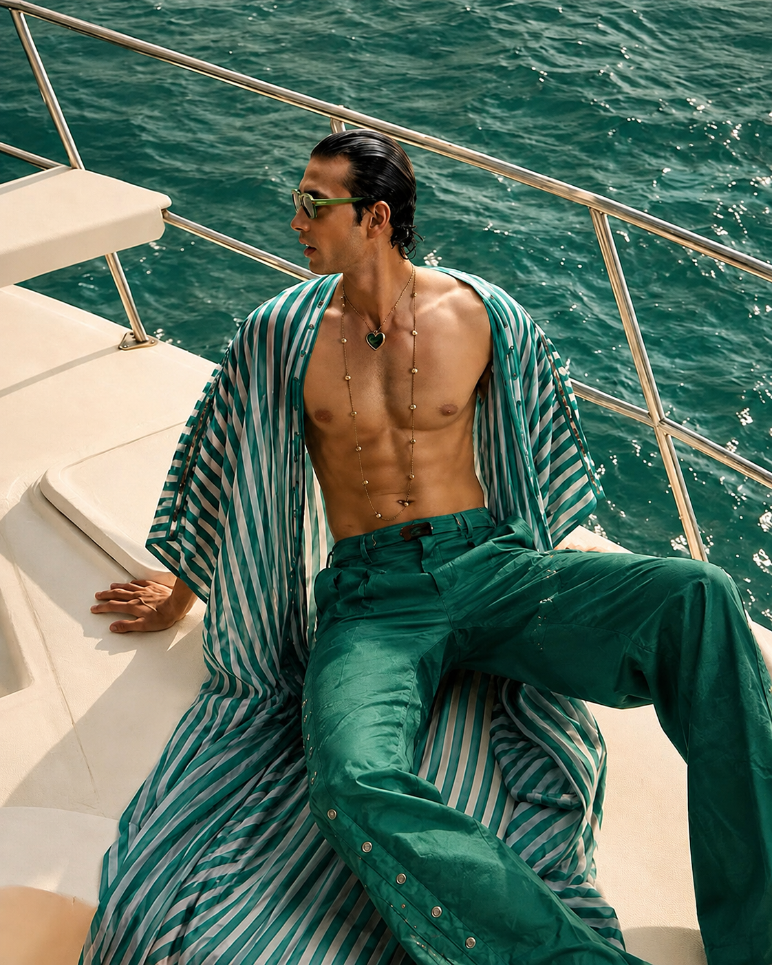 Male model wearing emerald green trousers with a flowing green-and-white striped resort overlay by Mandira Wirk, seated aboard a luxury yacht.