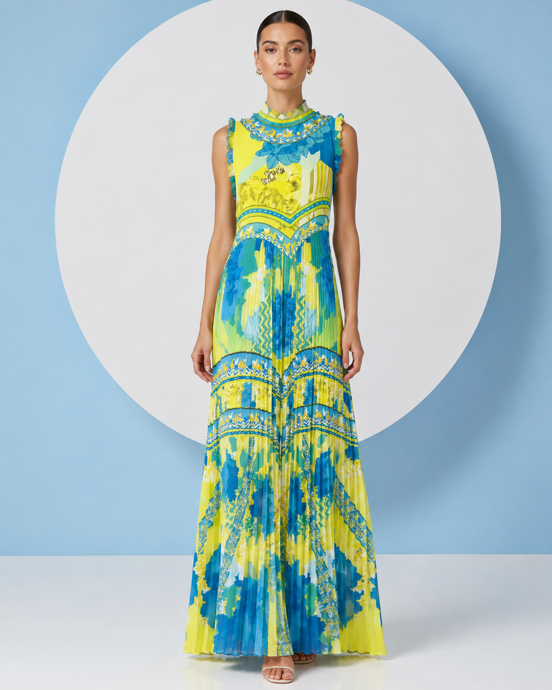 Woman wearing a colorful dress with a blue and white background