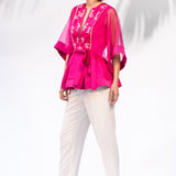 Hot Pink Peplum Top With Ivory Pants Set