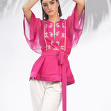 Hot Pink Peplum Top With Ivory Pants Set