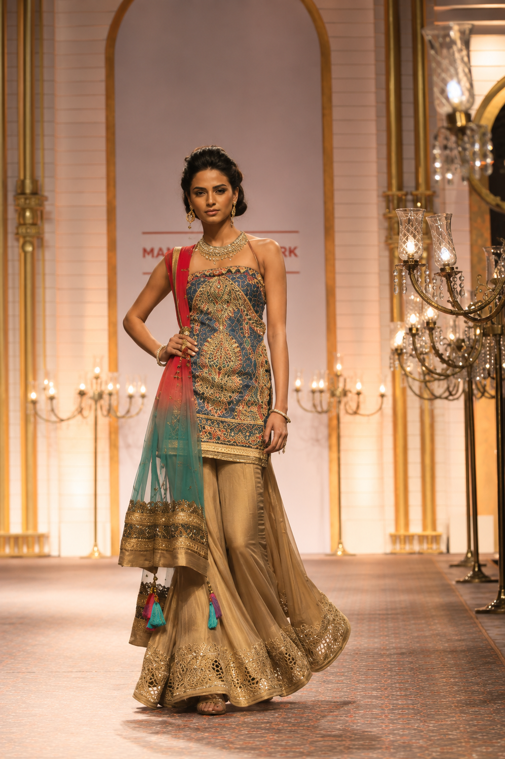 A model walks a fashion runway wearing a traditional Indian outfit with a heavily embroidered blue and gold sleeveless top, beige flared pants, and a red-to-teal gradient dupatta.