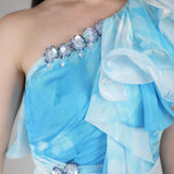 Aqua One-Shoulder Ruffle Dress