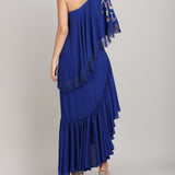 Sapphire Fringe Drape One shoulder dress