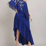 Sapphire Fringe Drape One shoulder dress