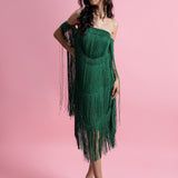 Off-Shoulder Crystal Handwork Fringe Dress