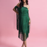 Off-Shoulder Crystal Handwork Fringe Dress